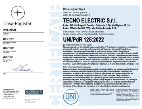 Da oggi Tecno Electric è certificata UNI/PdR 125:2022 “Parità di genere”